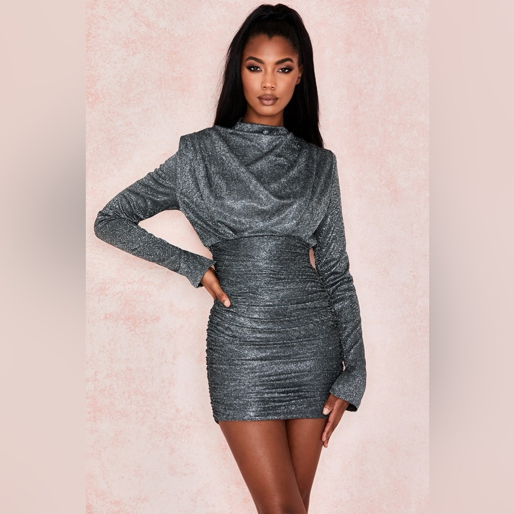 RARE House of CB 'Irena' Silver Sparkle Draped Dress NWOT